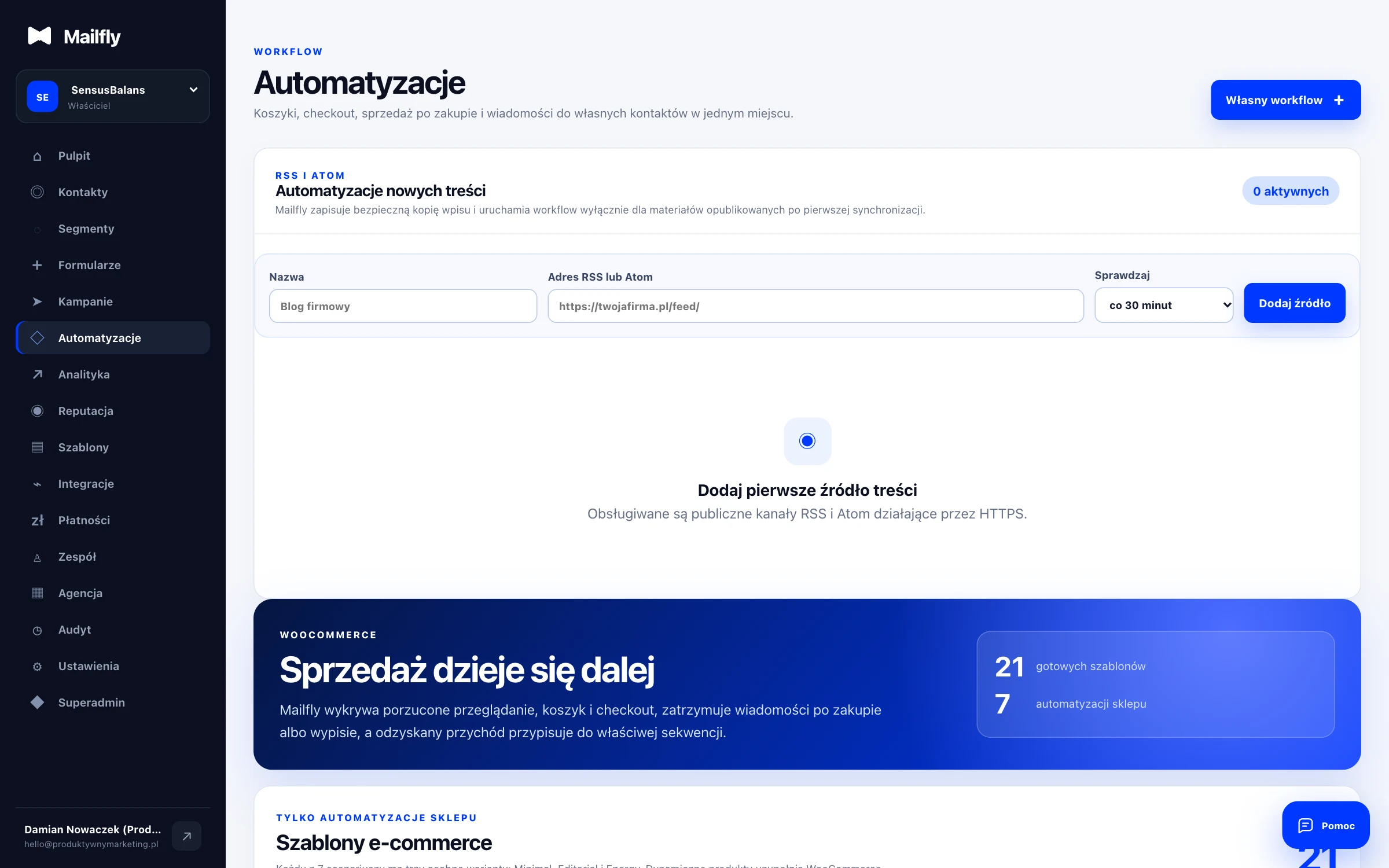 Lista aktywnych reguł automatyzacji sklepowych w panelu Mailfly ze statusem działania i przypisanym szablonem