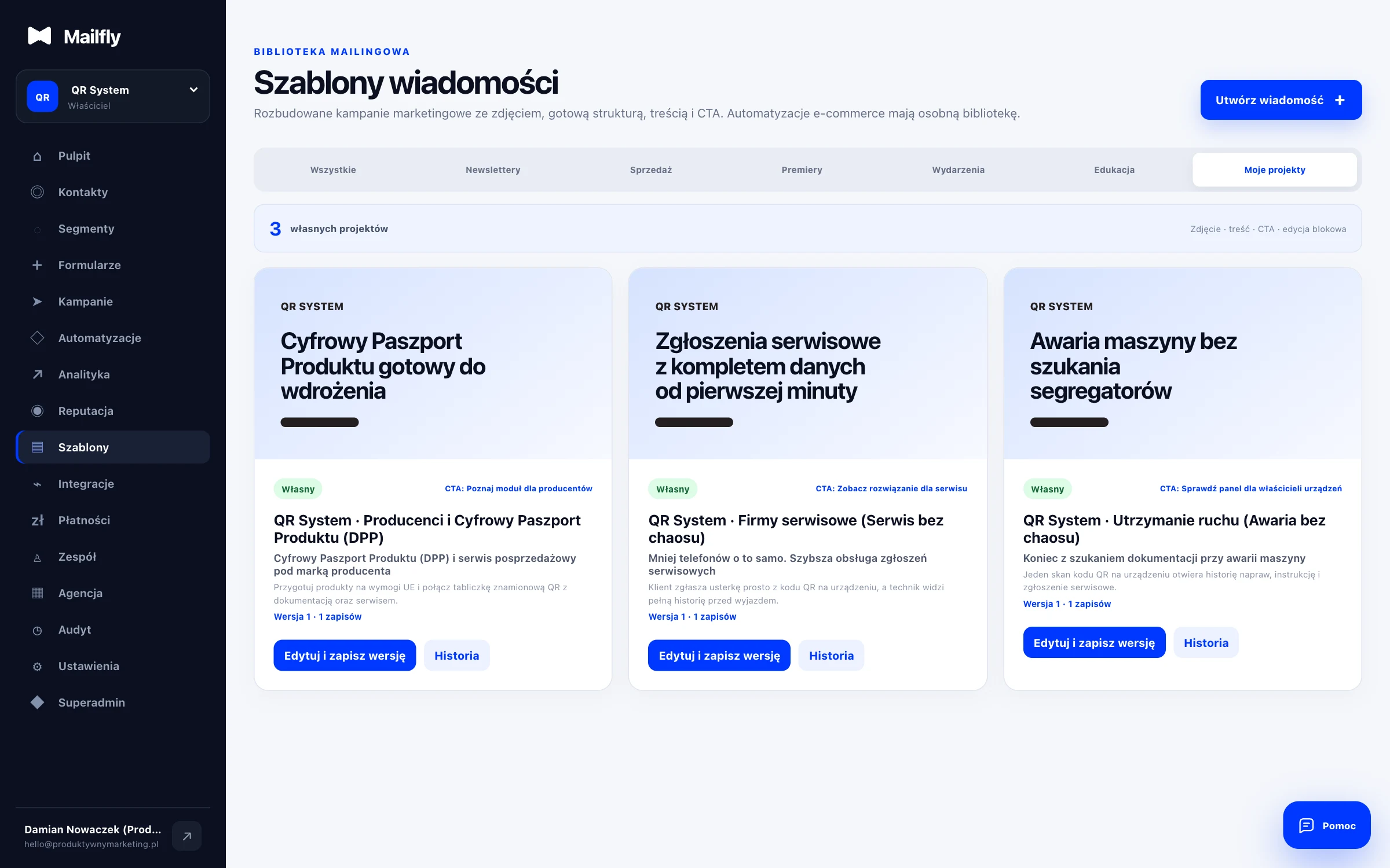 Widok zakładki Szablony w aplikacji Mailfly z listą zapisanych kreacji i przyciskiem tworzenia nowej wersji