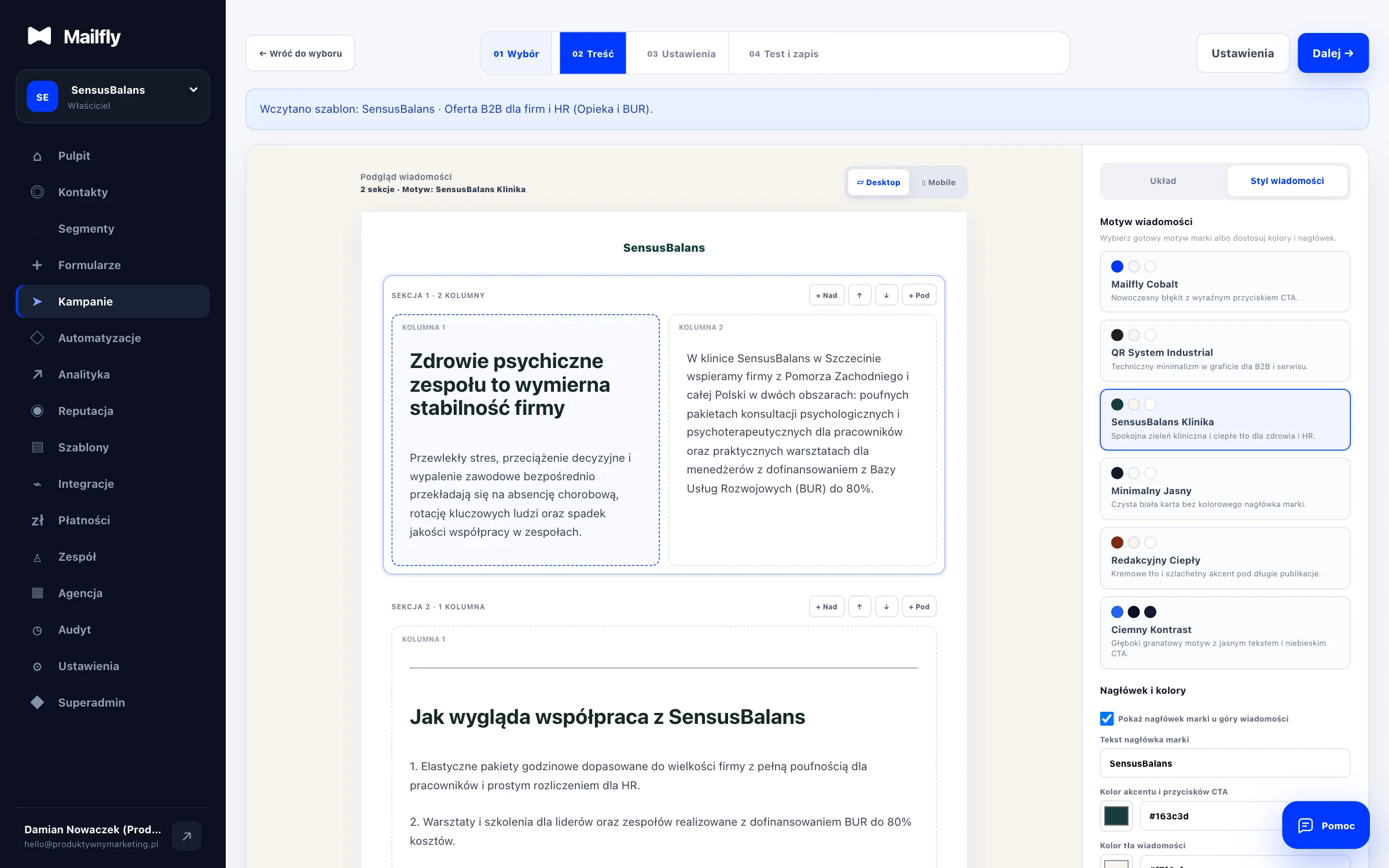 Kreator kampanii Mailfly z aktywnym ciepłym motywem SensusBalans Klinika i podglądem newslettera edukacyjnego