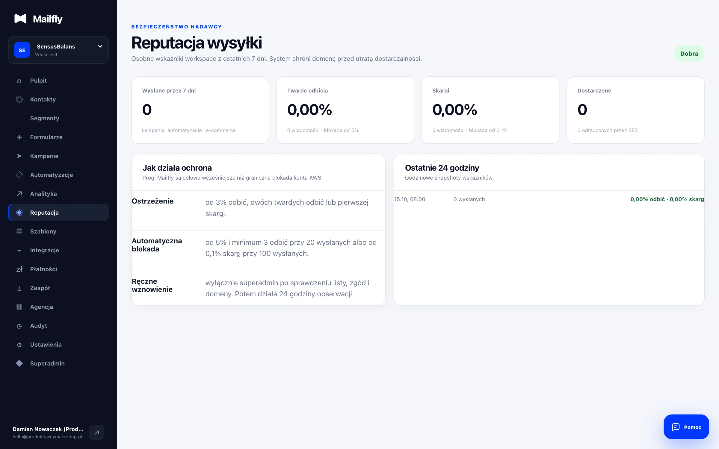 Moduł bezpieczeństwa i higieny bazy w Mailfly pokazujący rejestr wypisów oraz blokady twardych odbić