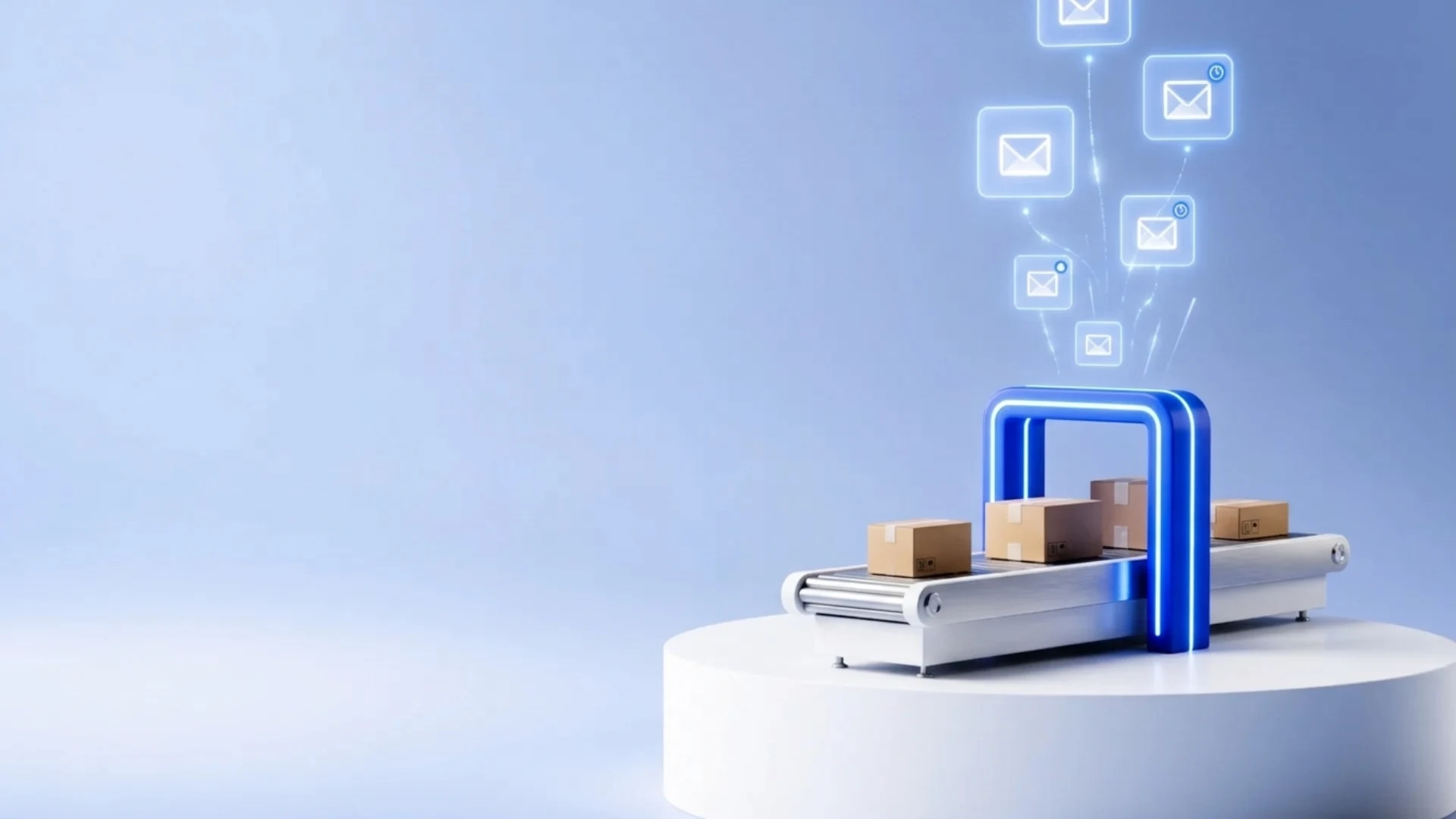 Miniatura materiału (Wdrożenie automatyzacji e-commerce dla WooCommerce oraz IdoSell): Biały taśmociąg e-commerce z paczkami przechodzącymi przez świetlną kobaltową bramkę wyzwalającą automatyczne koperty